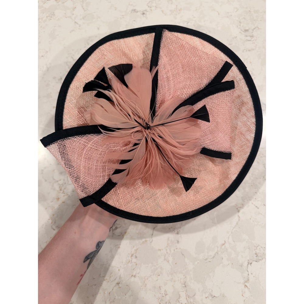Blush Pink‎ Sinamay Fascinator Hat Black Trim Feather Detail Wedding Derby Clip